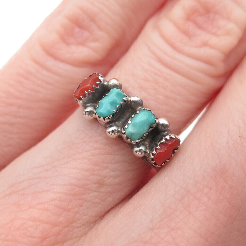 Old Pawn 925 Sterling Silver Vintage Southwestern Turquoise & Coral Ring Size 6